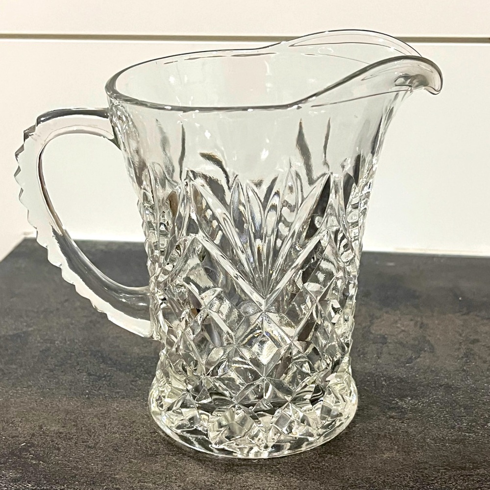 Vintage clear glass small pitcher pressed pineapple diamond design 5” tall